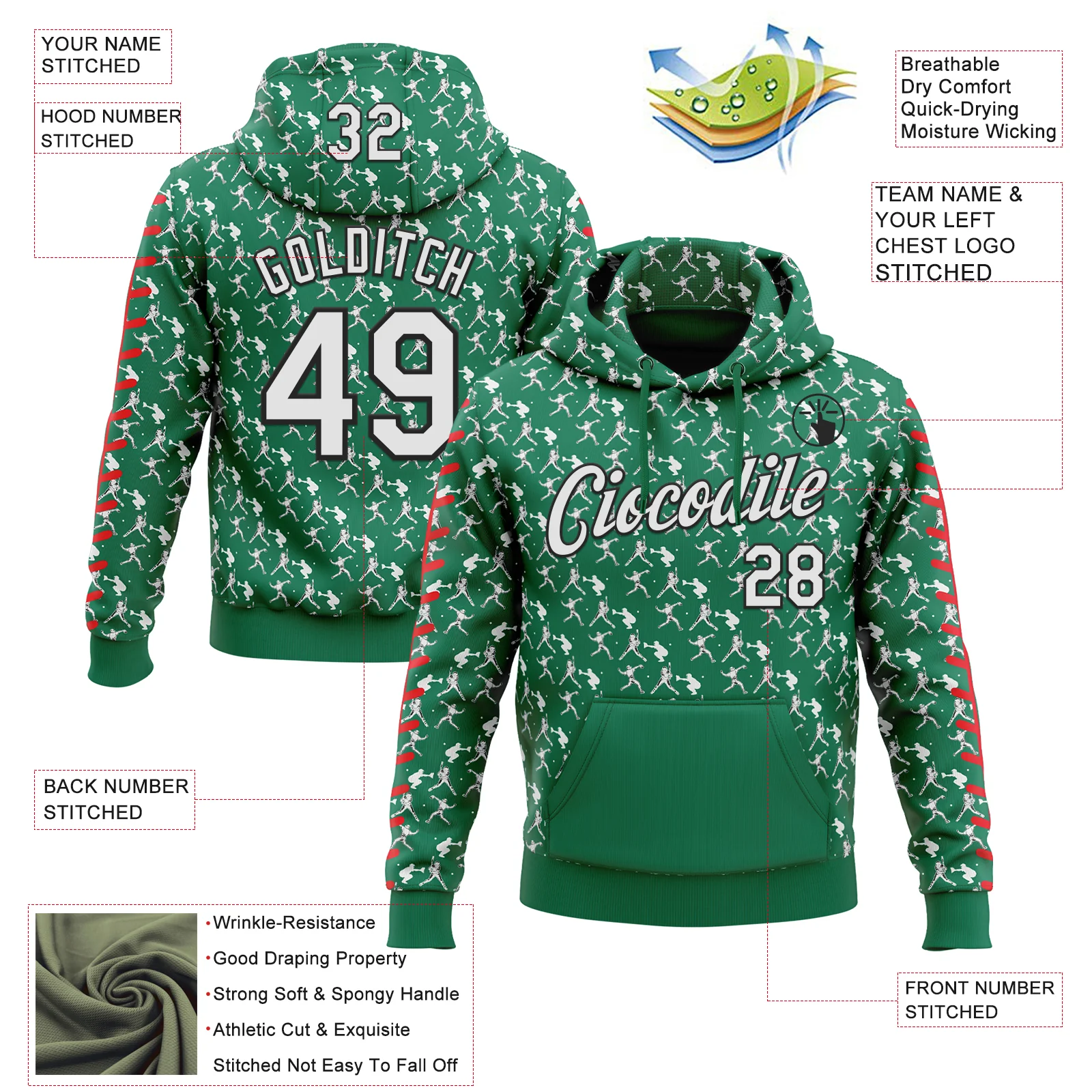 Custom Stitched Kelly Green White Red-Black Baseball Game Day New York Inspired Sports Pullover Sweatshirt Hoodie - Image 4