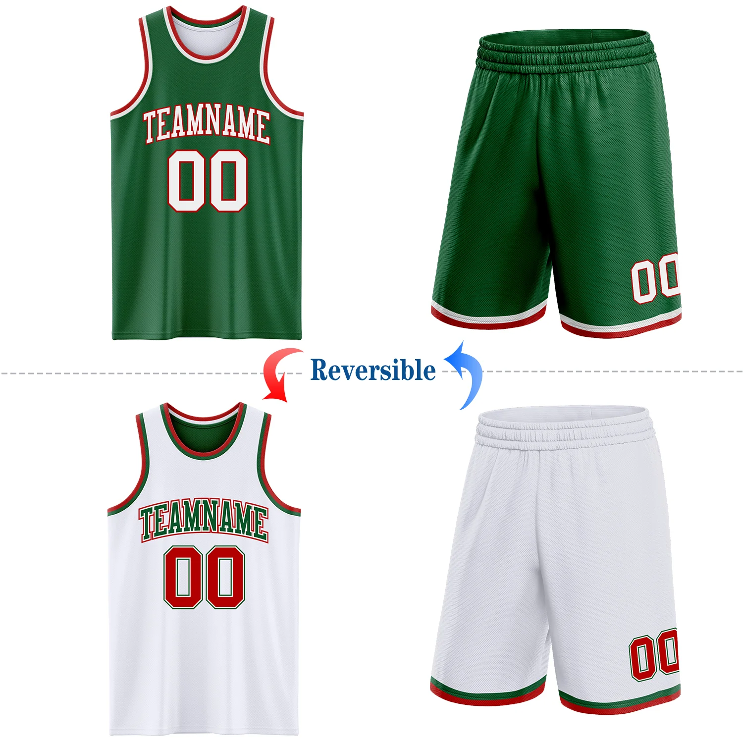 Custom Reversible Kelly Green White-Red Double Side Sublimation Basketball Suit Jersey - Image 2
