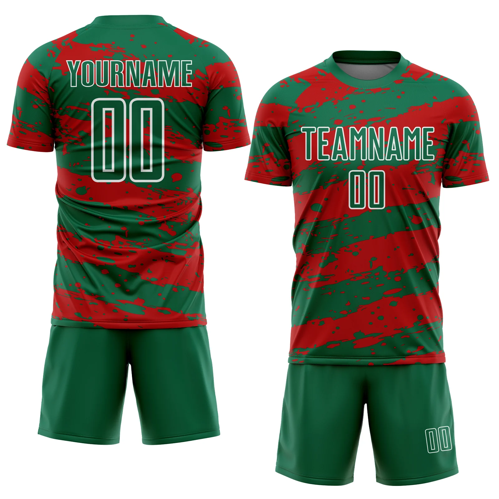 Custom Kelly Green Red-White Splash Sublimation Soccer Uniform Jersey - Image 2
