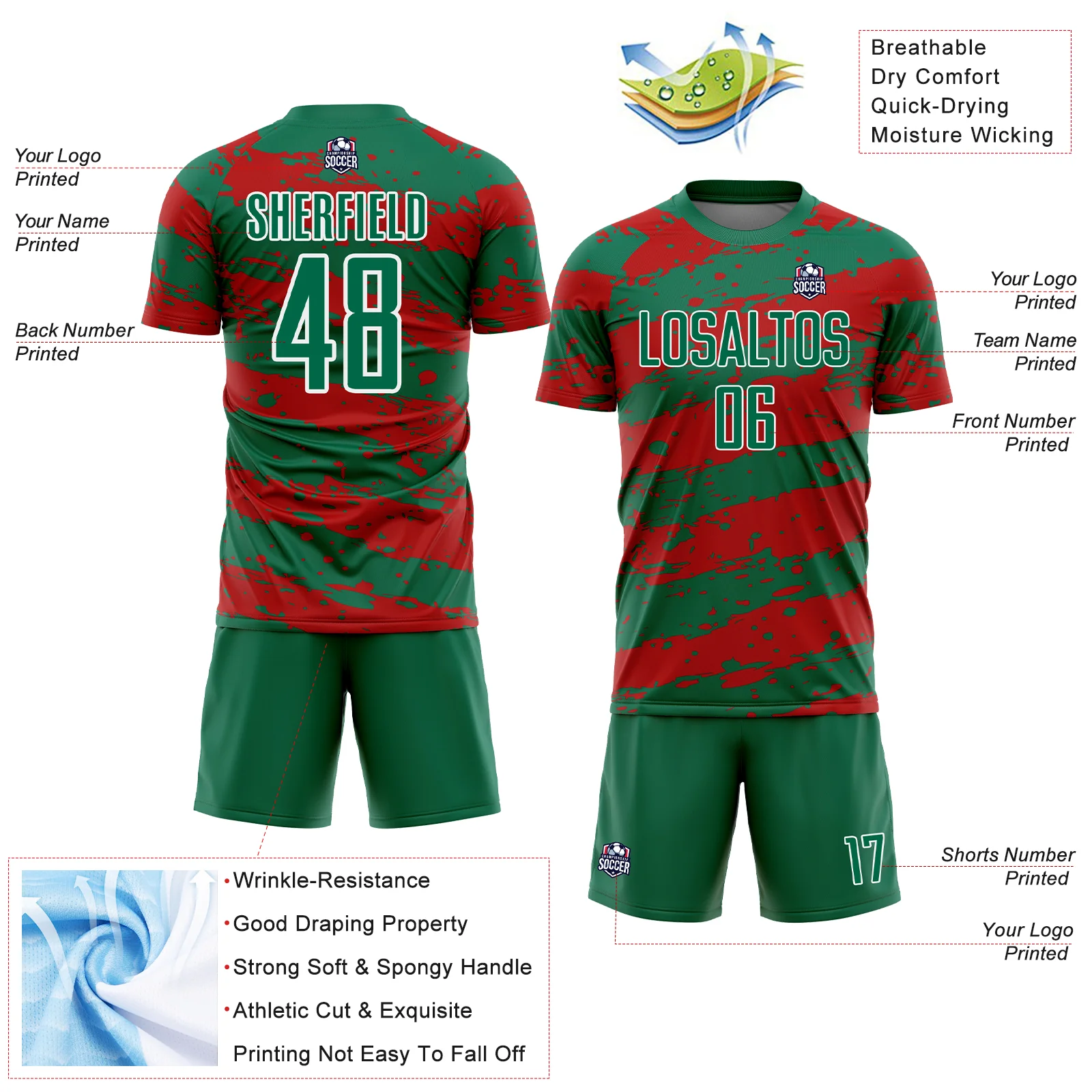 Custom Kelly Green Red-White Splash Sublimation Soccer Uniform Jersey - Image 4