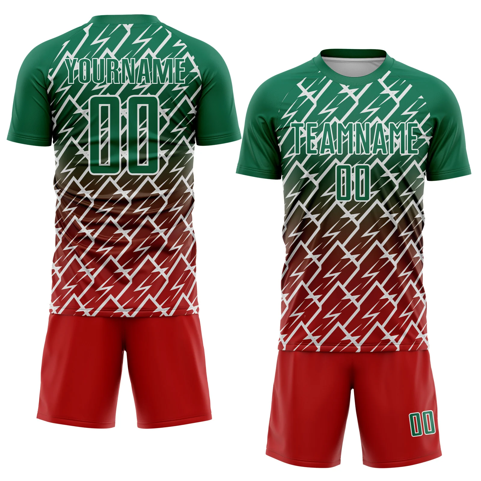 Custom Kelly Green Red-White Lightning Sports Sublimation Soccer Uniform Jersey - Image 2