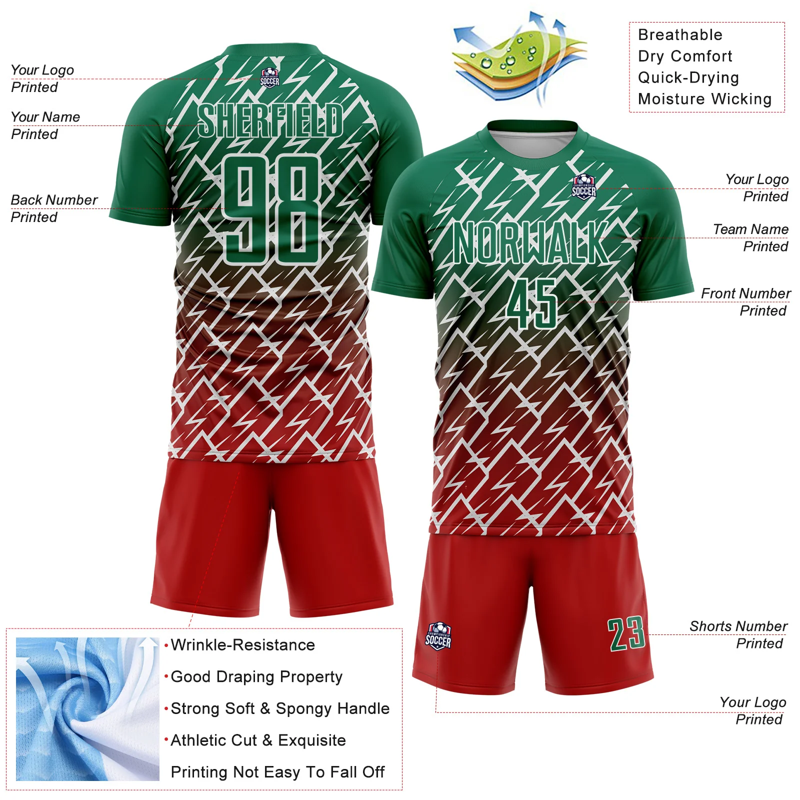 Custom Kelly Green Red-White Lightning Sports Sublimation Soccer Uniform Jersey - Image 4