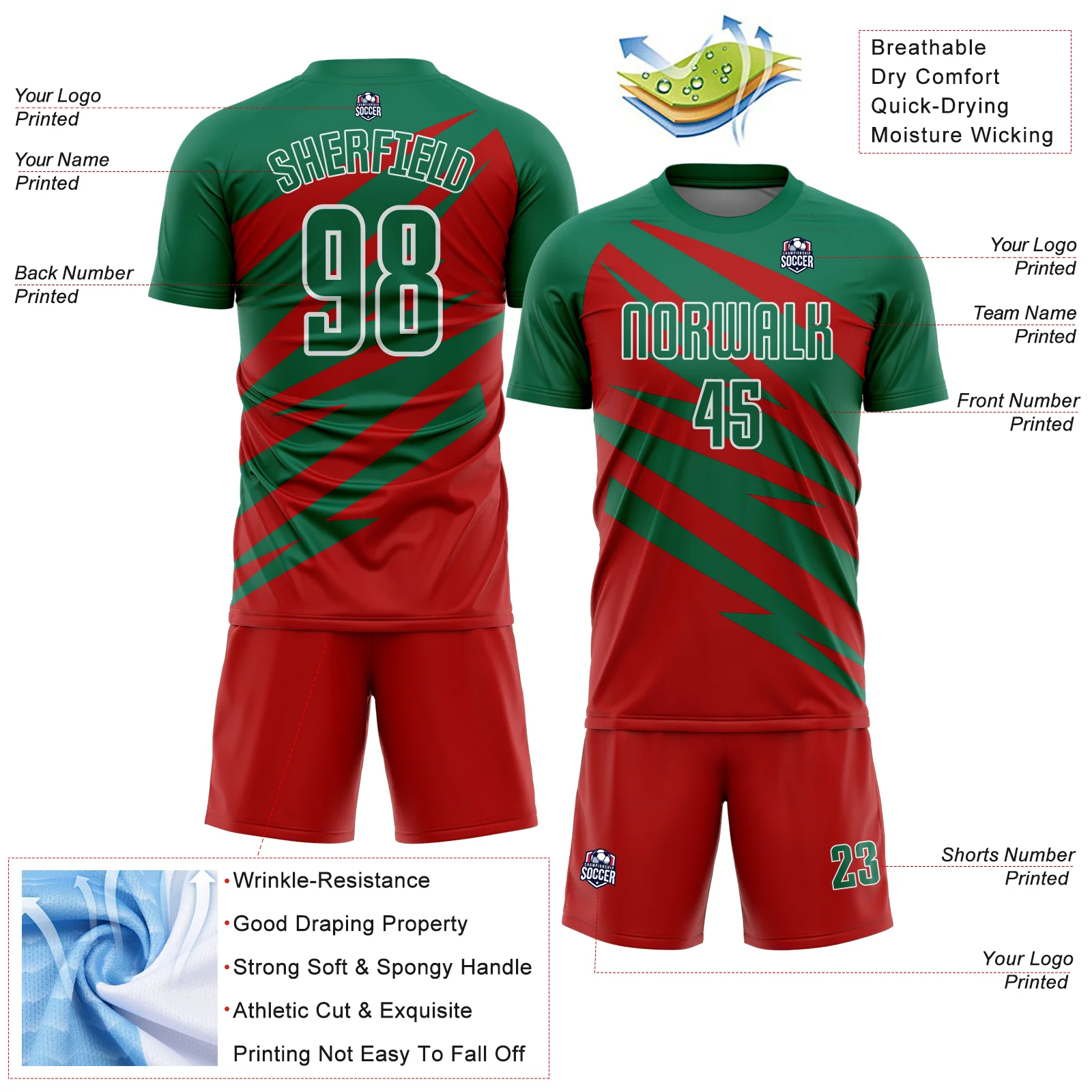 Custom Kelly Green Red-White Abstract Line Sports Sublimation Soccer Uniform Jersey - Image 4