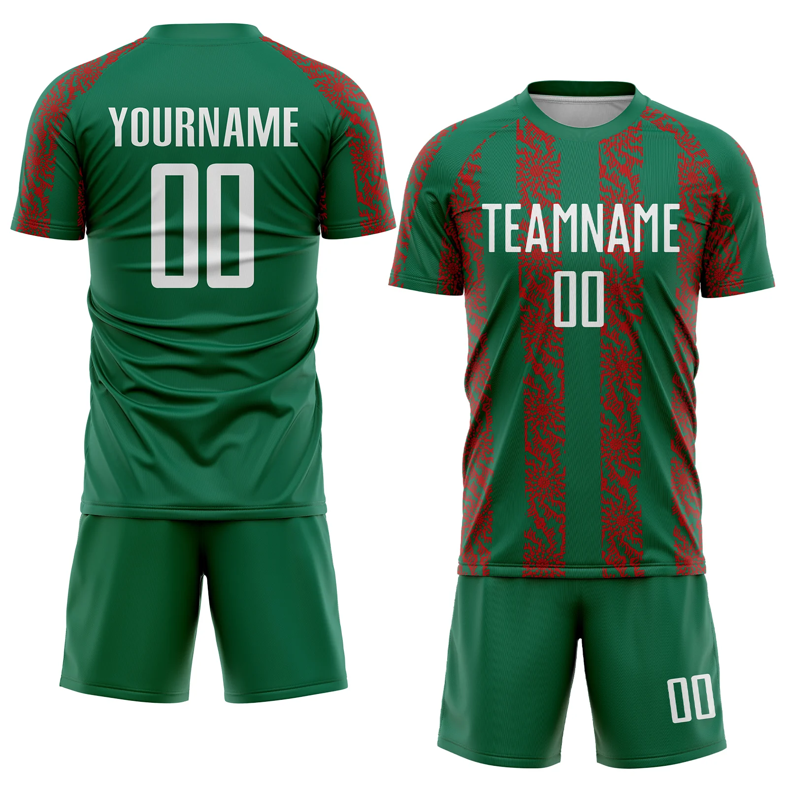 Custom Kelly Green White-Red Abstract Shape Sublimation Soccer Uniform Jersey - Image 2