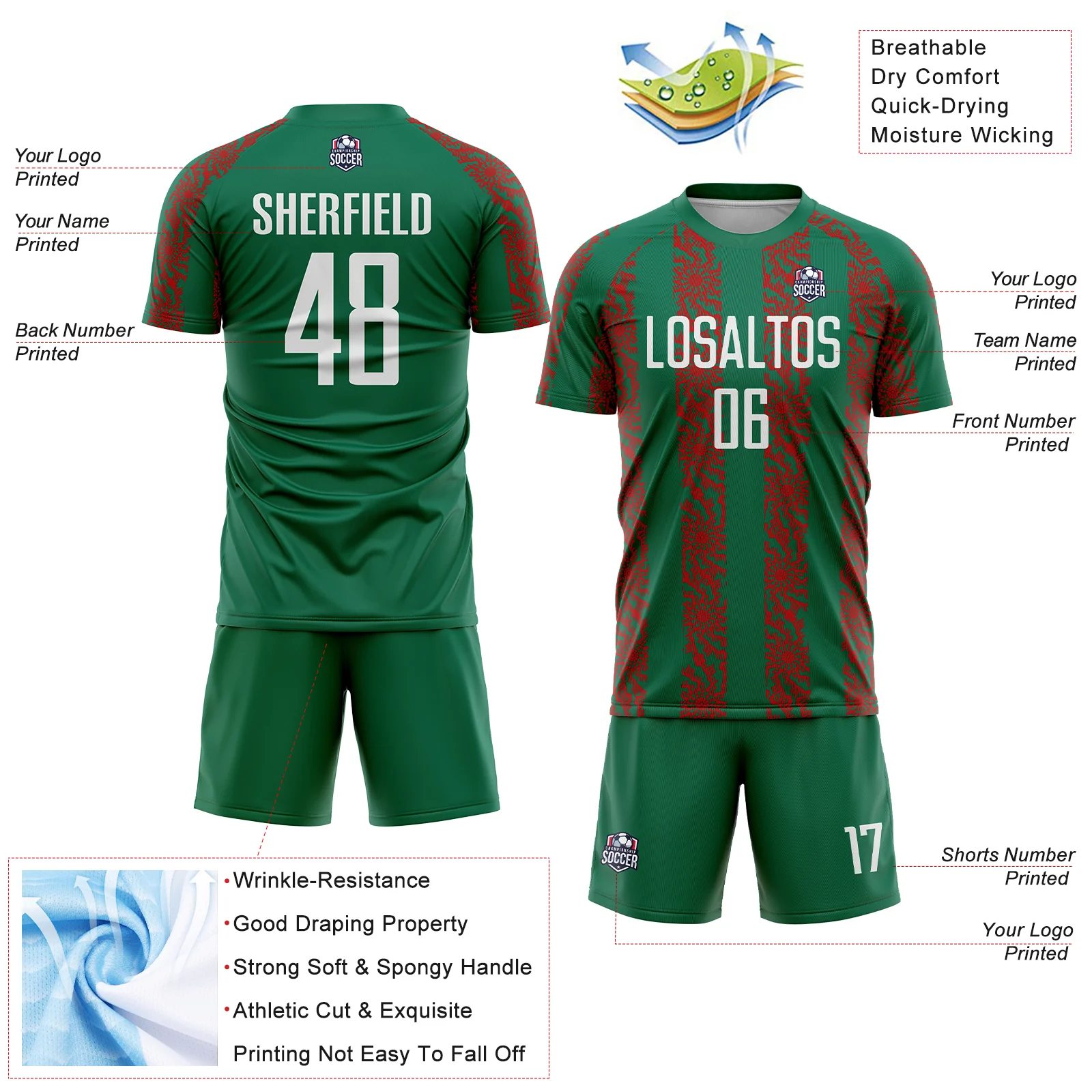 Custom Kelly Green White-Red Abstract Shape Sublimation Soccer Uniform Jersey - Image 4