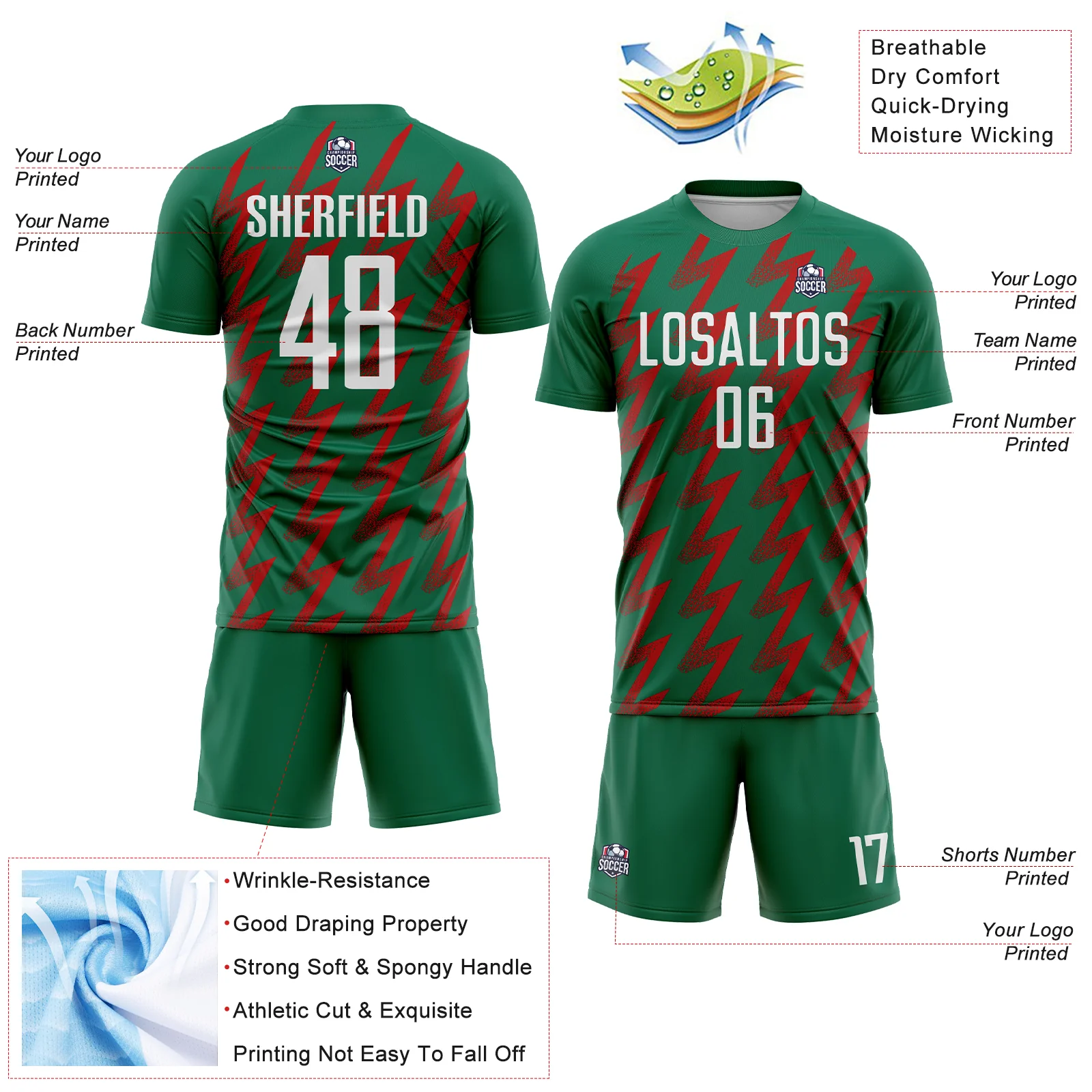 Custom Kelly Green White-Red Zigzag Shape Sublimation Soccer Uniform Jersey - Image 4