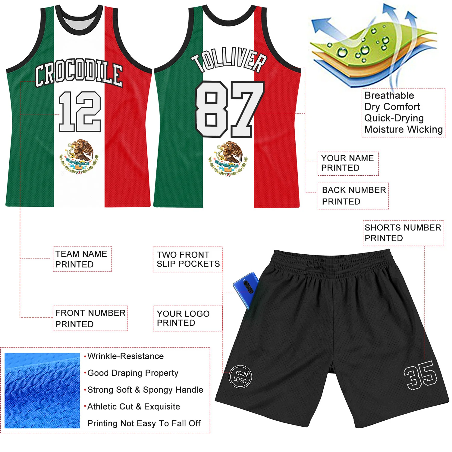 Custom Kelly Green White Red-Black Mexican Flag Round Neck Sublimation Basketball Suit Jersey - Image 3