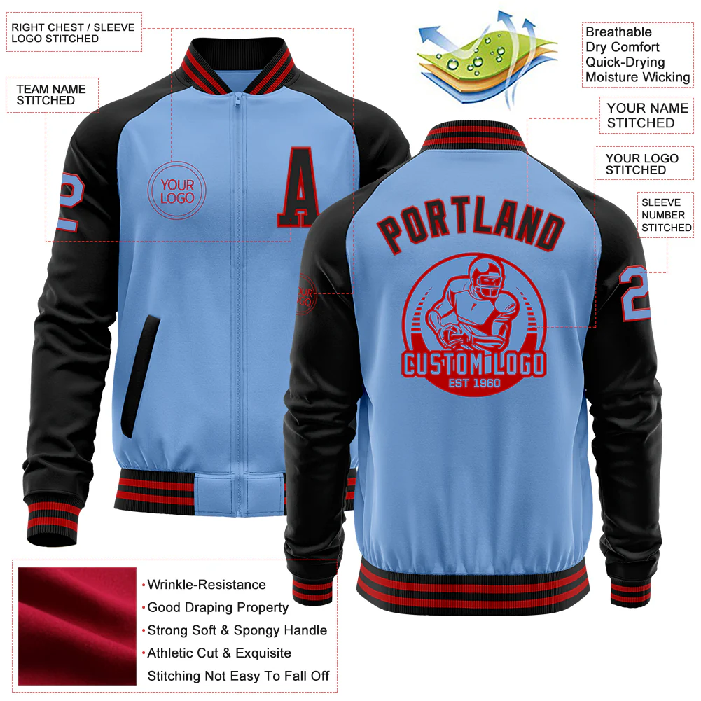 Custom Light Blue Red-Black Bomber Varsity Letterman Two Tone Zipper Jacket - Image 4