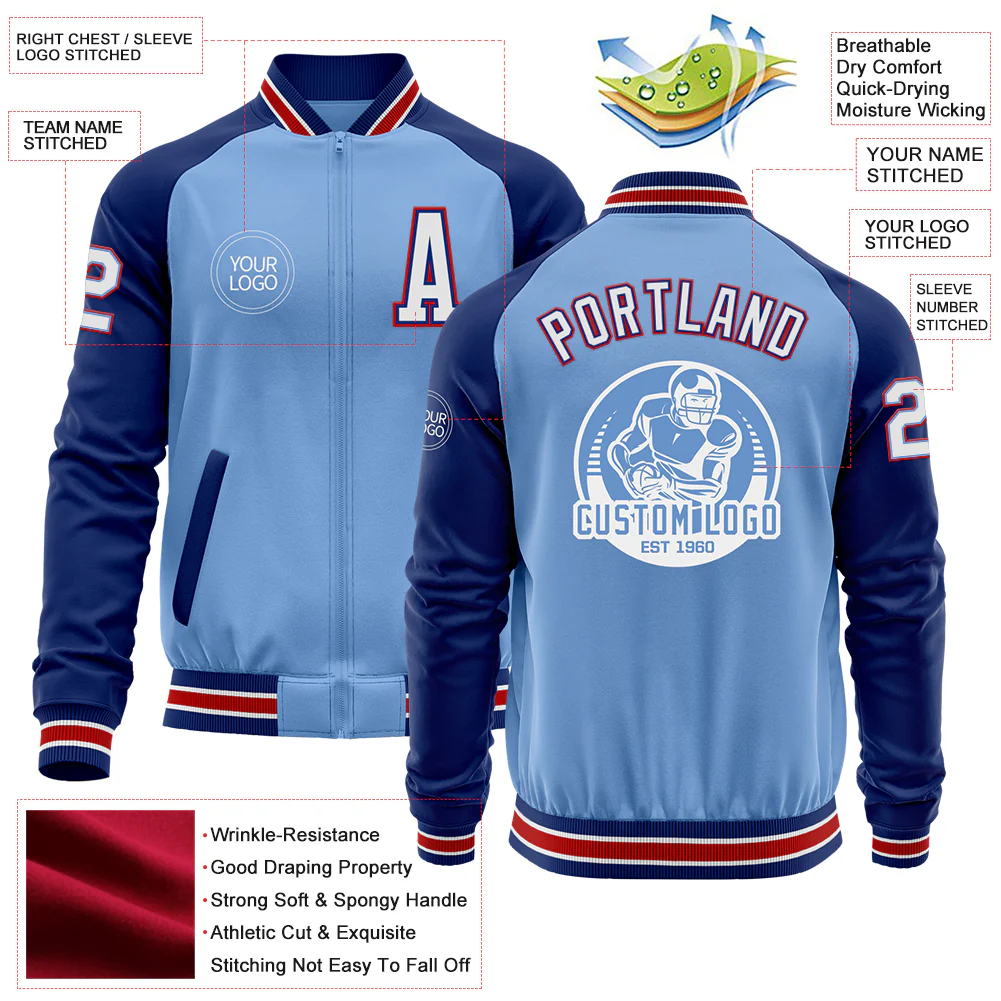 Custom Light Blue Red-Royal Bomber Varsity Letterman Two Tone Zipper Jacket - Image 4