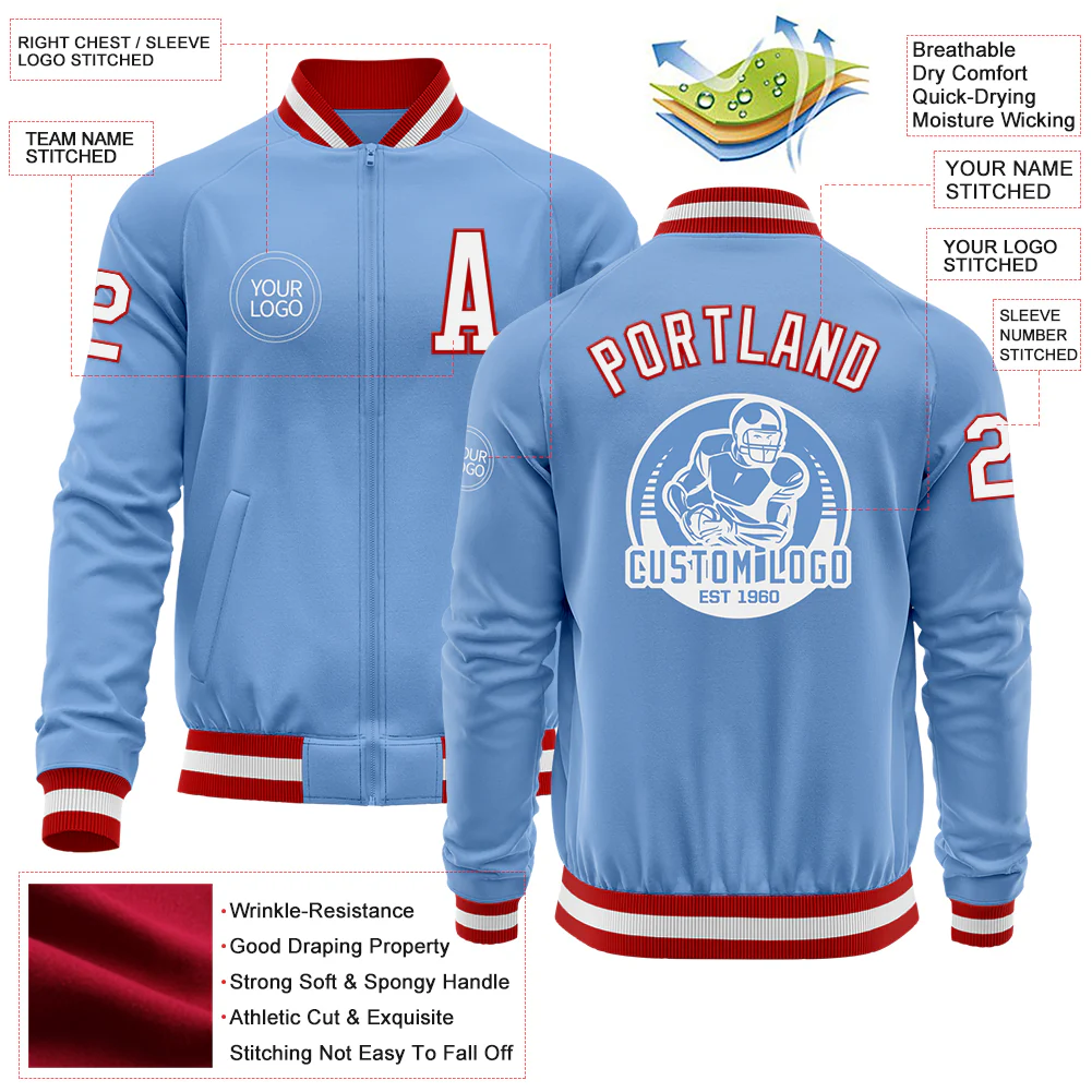 Custom Light Blue White-Red Bomber Varsity Letterman Zipper Jacket - Image 4