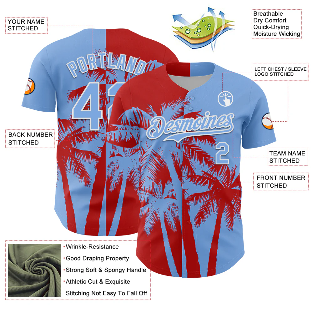 Custom Light Blue Red-White Hawaii Palm Trees Tropical Coconut Authentic Baseball Jersey - Image 3