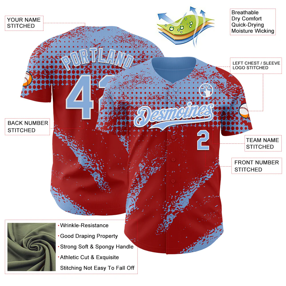 Custom Light Blue Red-White Splash Grunge Fragment Authentic Baseball Jersey - Image 3