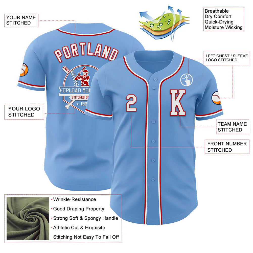 Custom Light Blue White-Red Authentic Baseball Jersey - Image 6