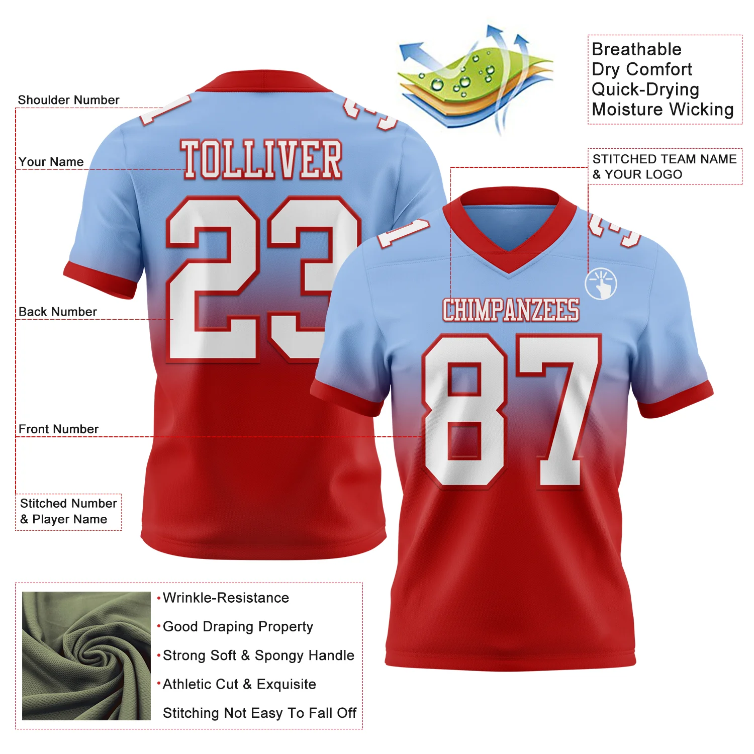 Custom Light Blue White-Red Authentic Fade Fashion Football Jersey - Image 2