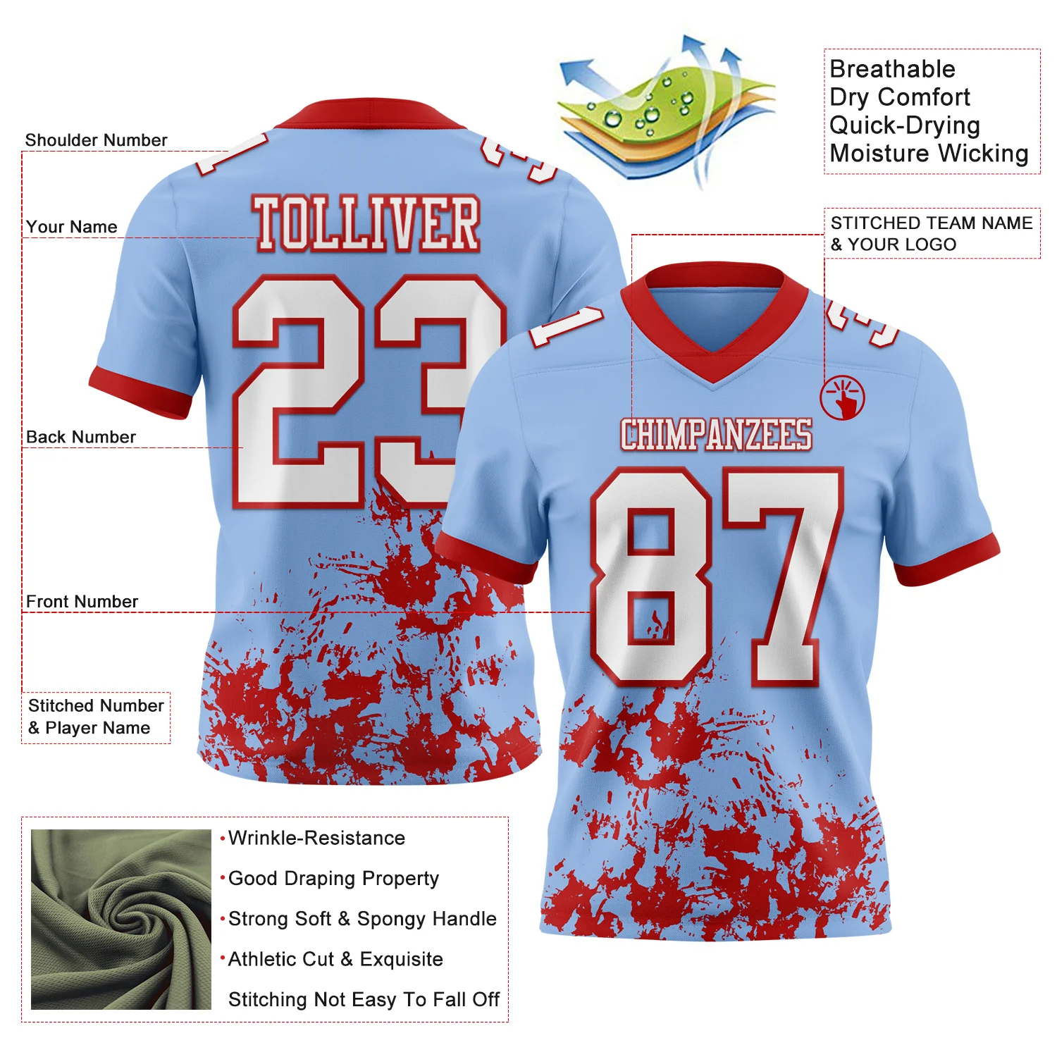 Custom Light Blue White-Red 3D Pattern Splash Authentic Football Jersey - Image 2