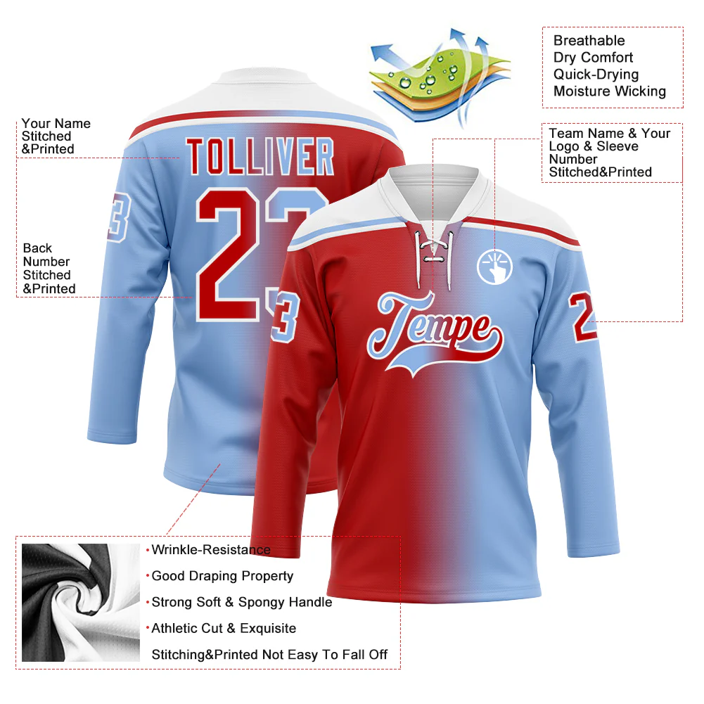 Custom Light Blue Red-White Gradient Fashion Hockey Lace Neck Jersey - Image 5