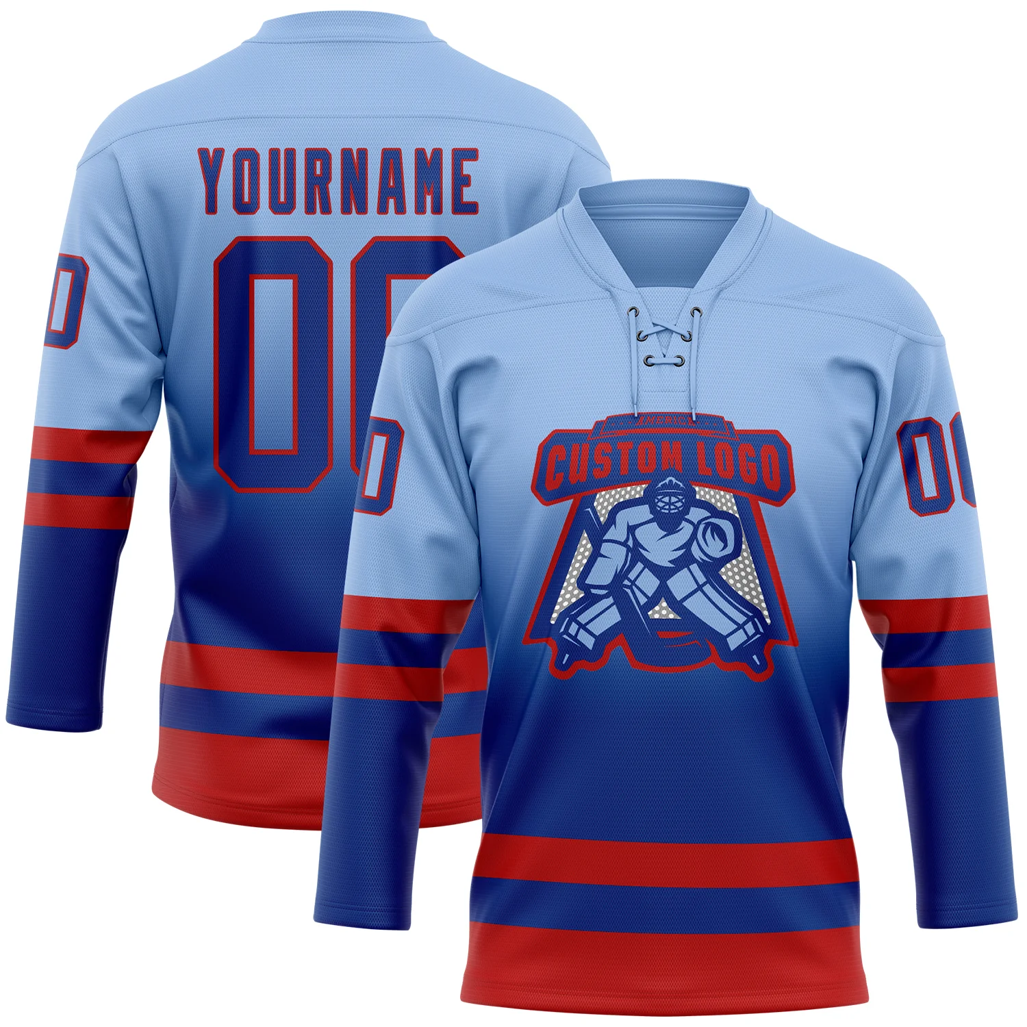 Custom Light Blue Royal-Red Fade Fashion Hockey Lace Neck Jersey - Image 2