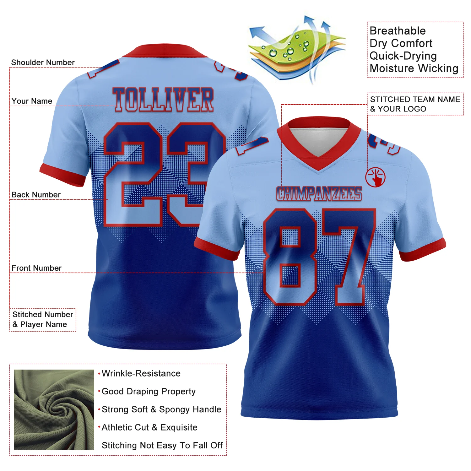 Custom Light Blue Royal-Red Authentic Gradient Square Shape Flag Football Jersey - Image 2