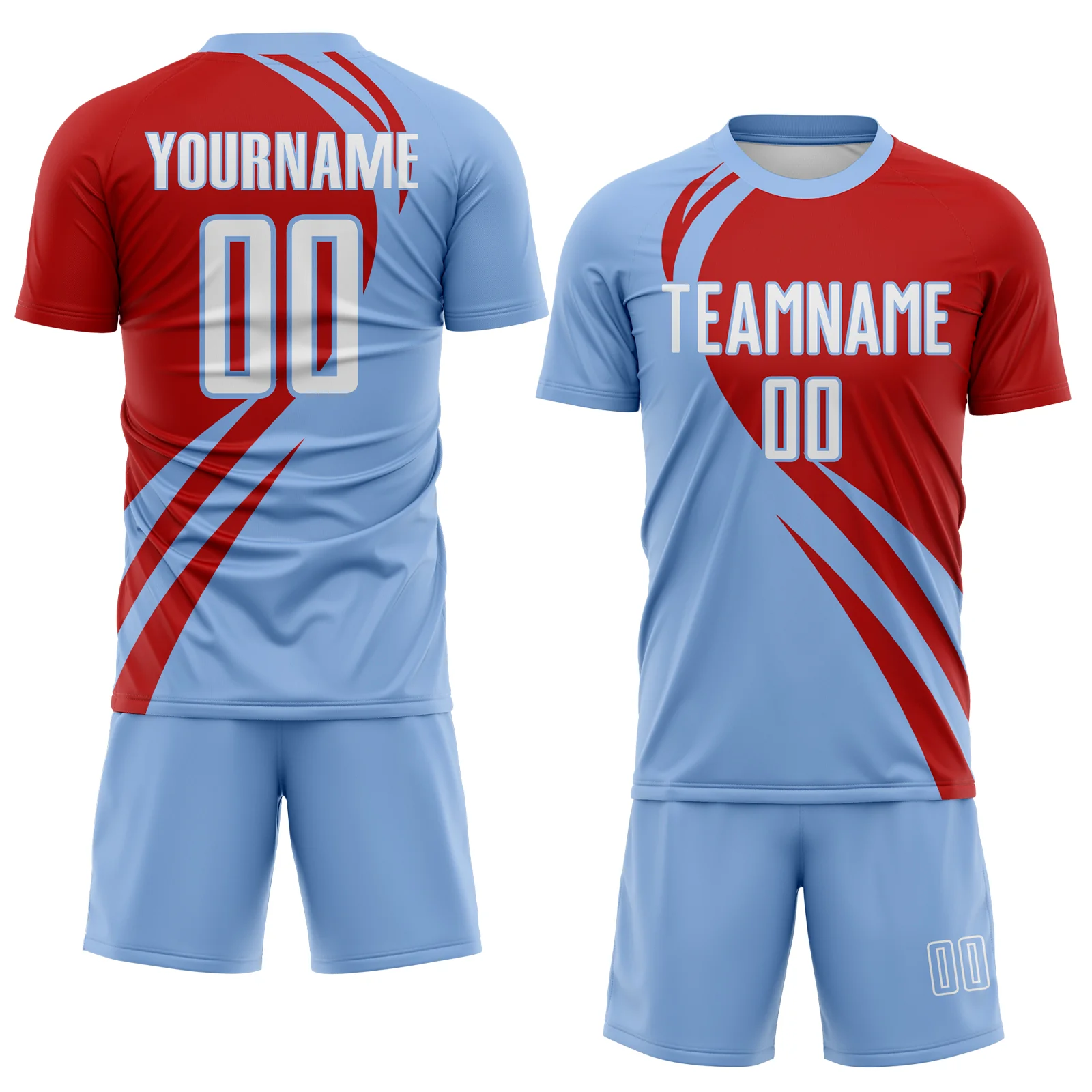 Custom Light Blue White-Red Diagonal Streamline Color Block Swirl Curve Lines Sublimation Soccer Uniform Jersey - Image 2