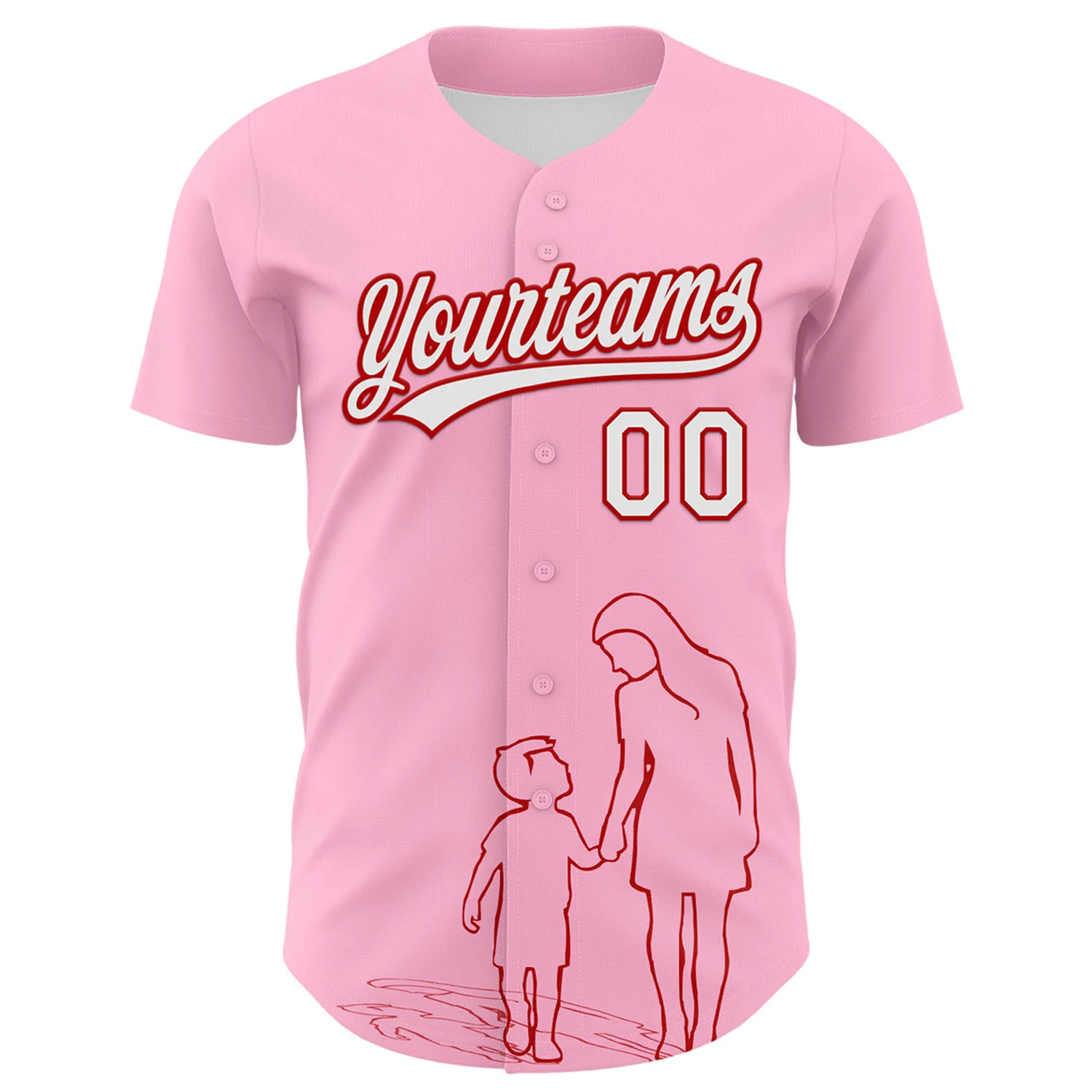 Custom Light Pink White-Red 3D Pattern Design Mother's Day Family Love Authentic Baseball Jersey - Image 2