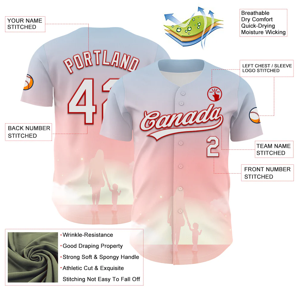 Custom Light Pink White-Red 3D Pattern Design Mother's Day Family Love Authentic Baseball Jersey - Image 3