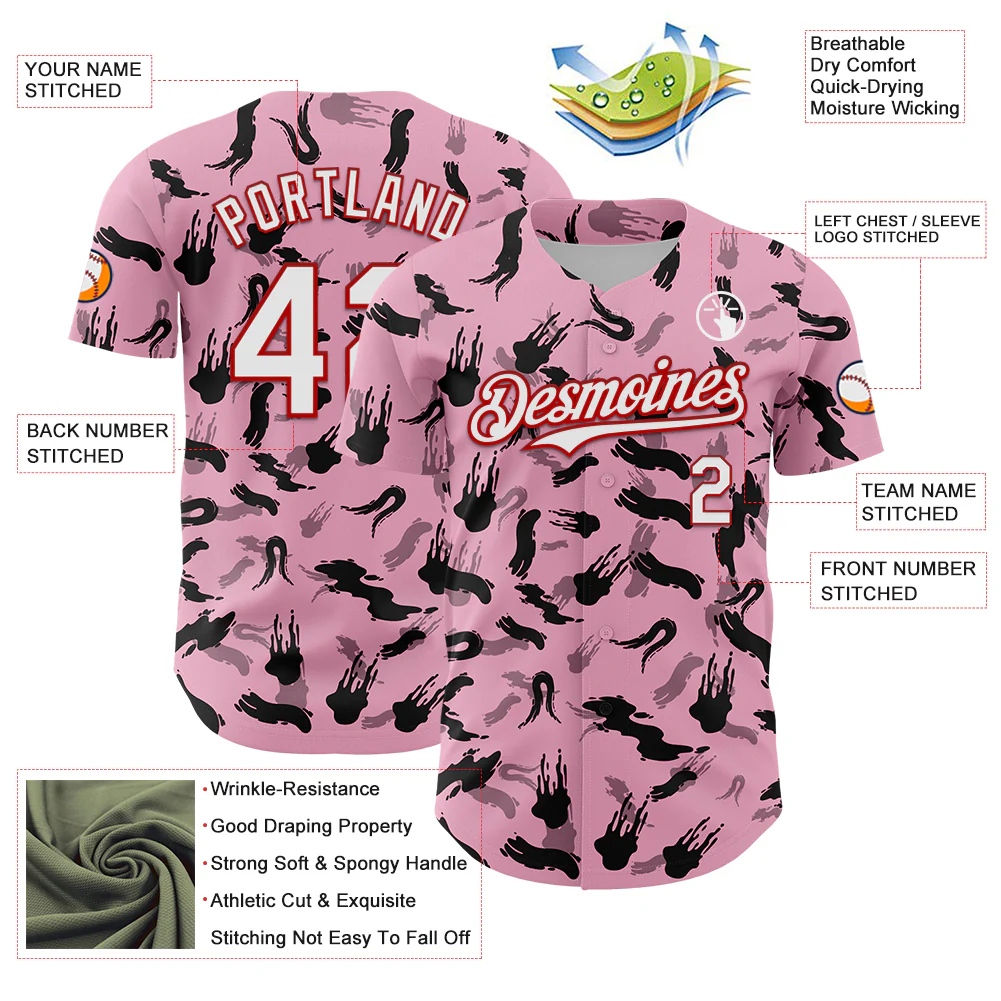 Custom Light Pink White-Red 3D Pattern Design Graffiti Ink Brush Stroke Authentic Baseball Jersey - Image 3