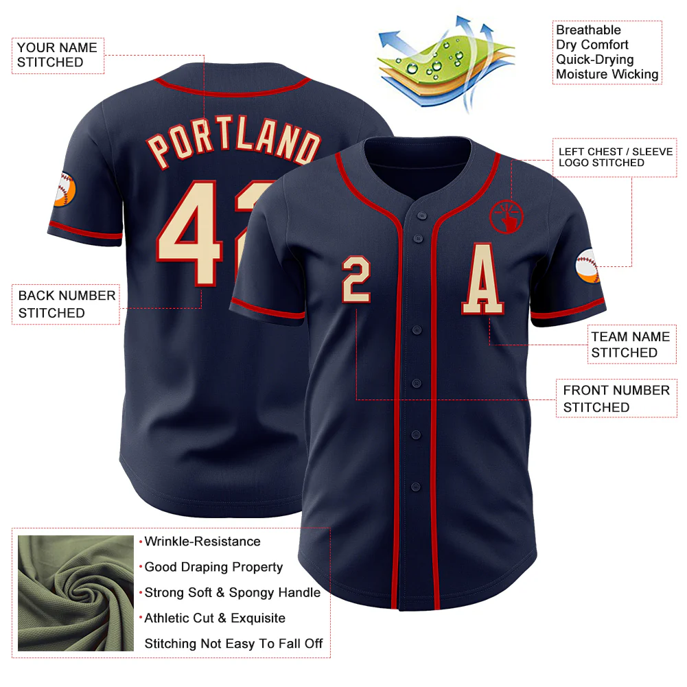 Custom Navy Cream-Red Authentic Baseball Jersey - Image 2