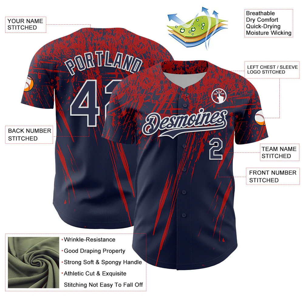 Custom Navy Red-White Distressed Scratch Brush Stroke Authentic Baseball Jersey - Image 3