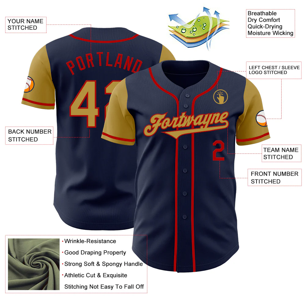 Custom Navy Old Gold-Red Authentic Two Tone Baseball Jersey - Image 3