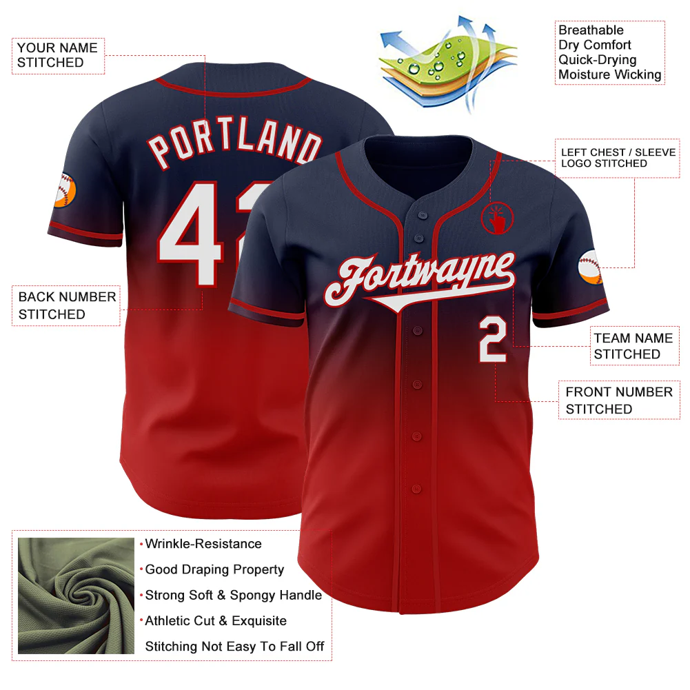 Custom Navy White-Red Authentic Fade Fashion Baseball Jersey - Image 3