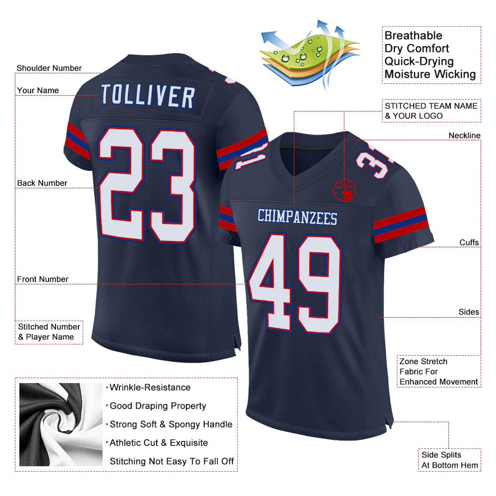 Custom Navy Red-Royal Mesh Authentic Football Jersey - Image 2