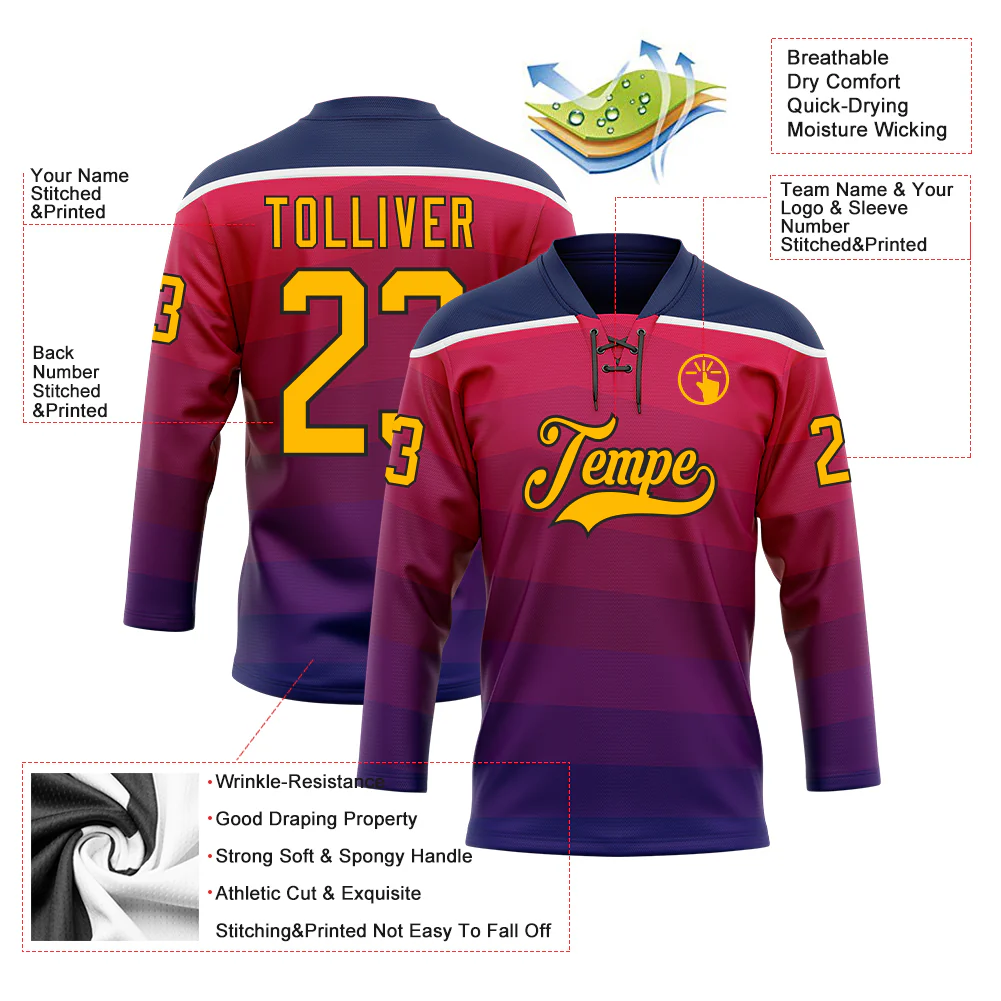 Custom Navy Gold Red Black-White Abstract Gradient Halftone Pattern Hockey Lace Neck Jersey - Image 5