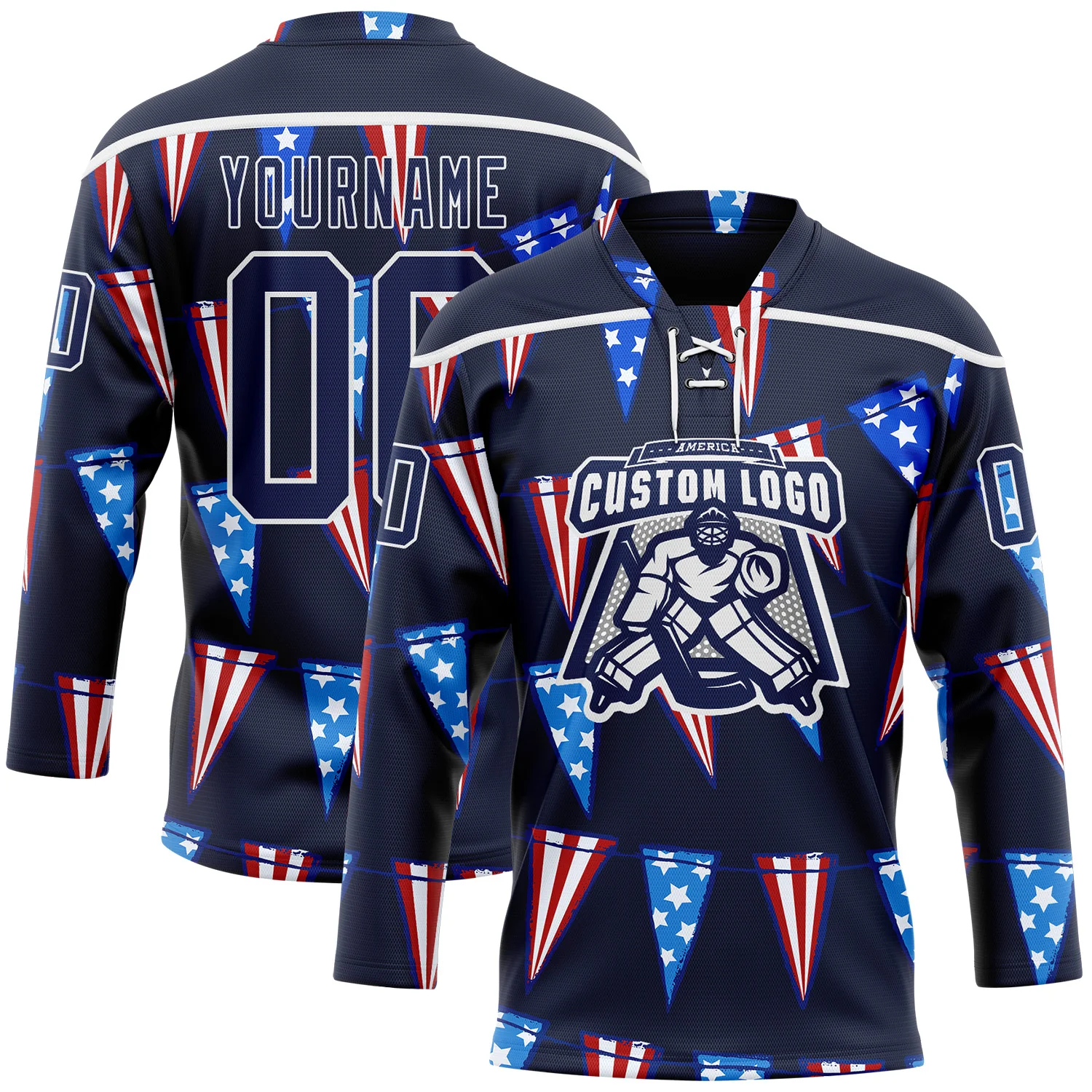 Custom Navy Red Royal-White American Flag Hockey Lace Neck Jersey - Image 2