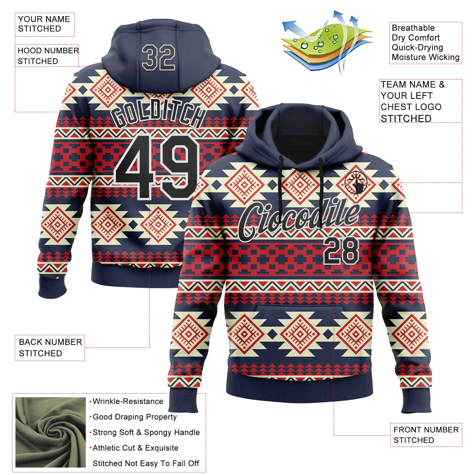 Custom Stitched Navy Black Red-White 3D Mexico Aztec Pattern Sports Pullover Sweatshirt Hoodie - Image 2