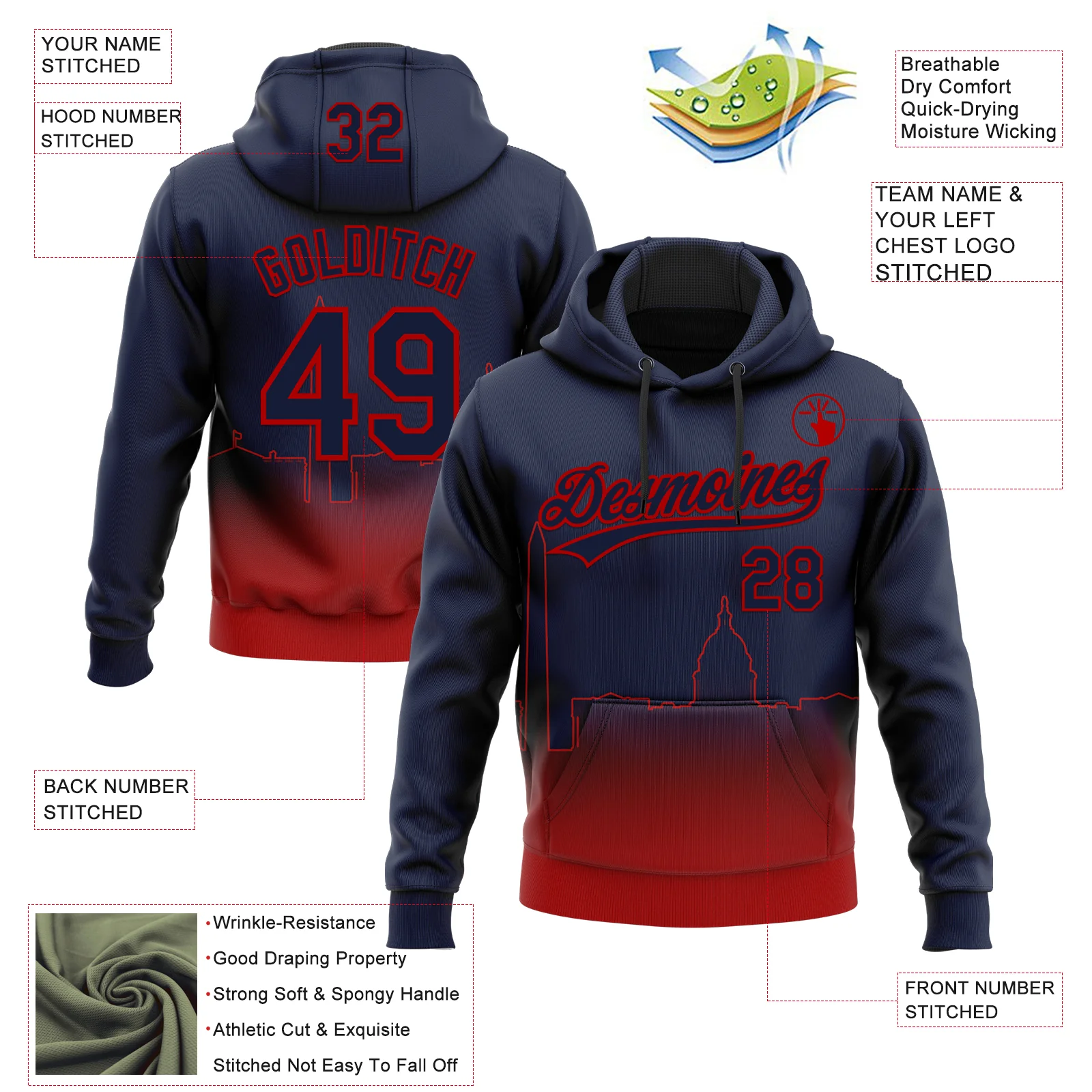 Custom Stitched Navy Red Gradient Fashion Washington City Edition Sports Pullover Sweatshirt Hoodie - Image 4