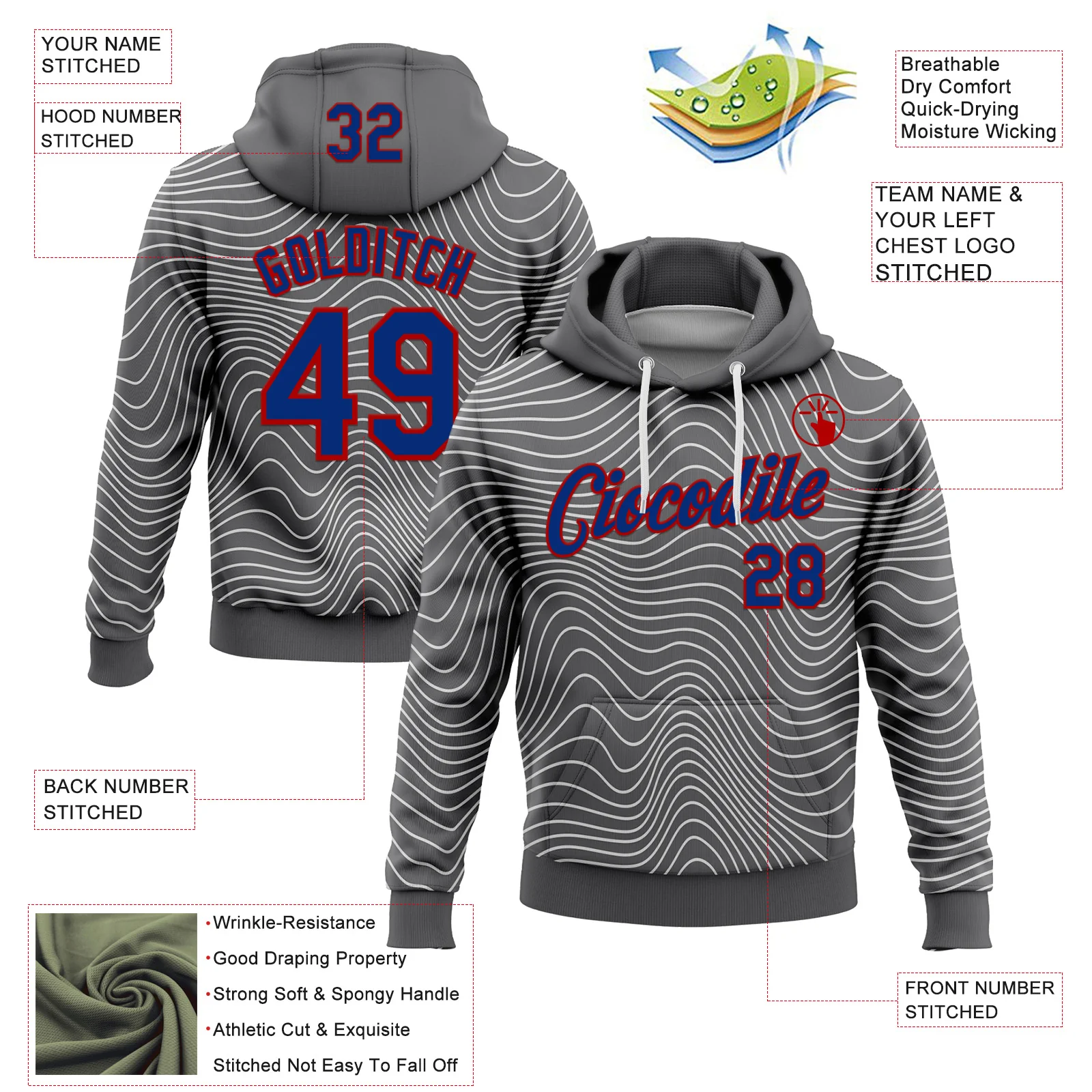 Custom Stitched Navy Royal Red-White 3D Pattern Design Wave Distorted Line Sports Pullover Sweatshirt Hoodie - Image 2