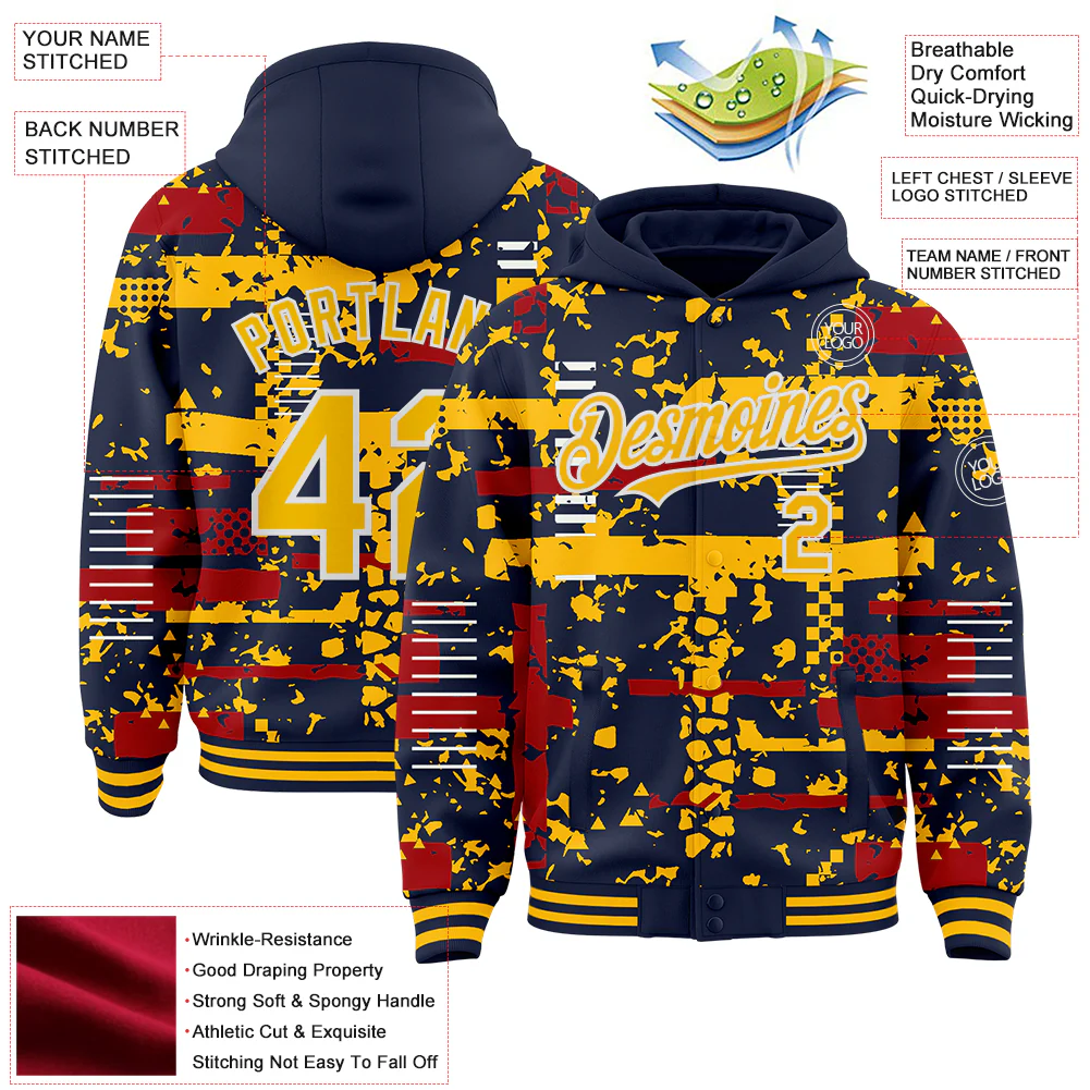 Custom Navy Gold Red-White Abstract Fragment Shape Bomber Full-Snap Varsity Letterman Hoodie Jacket - Image 4