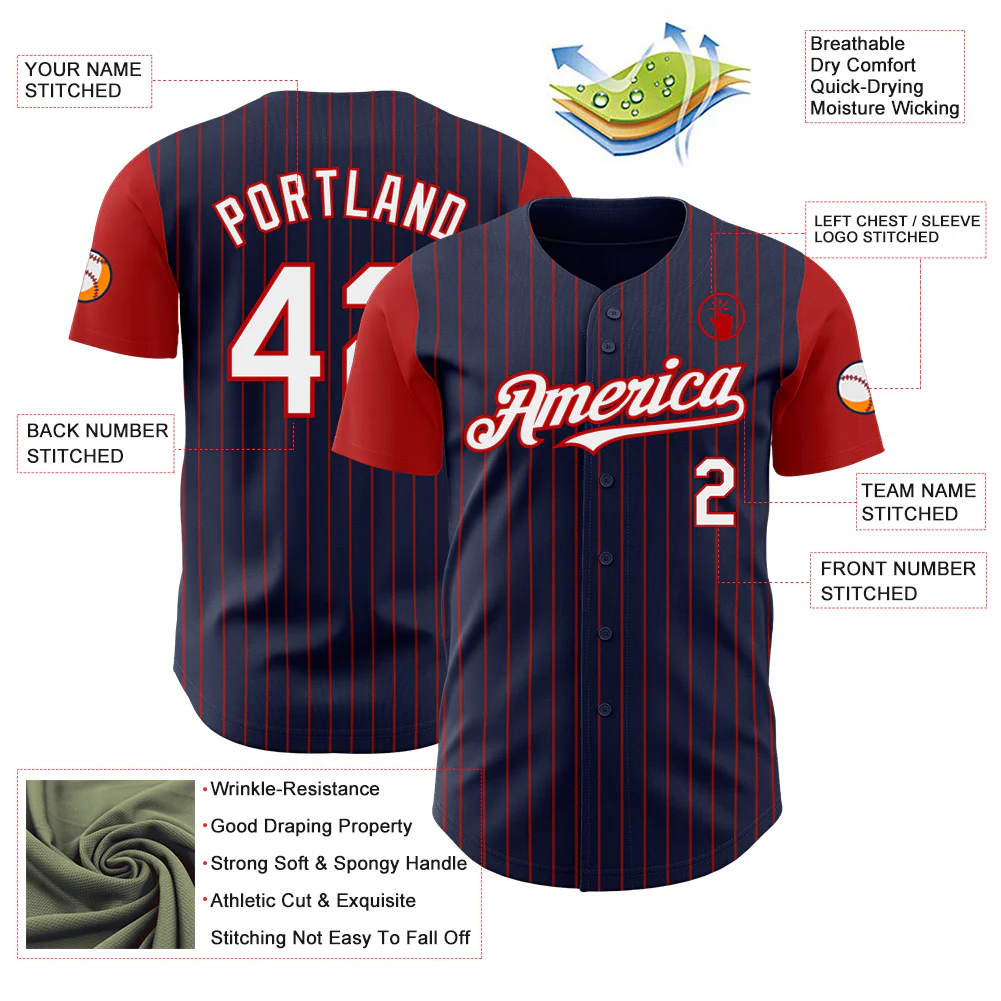 Custom Navy Red Pinstripe White Authentic Two Tone Baseball Jersey - Image 3