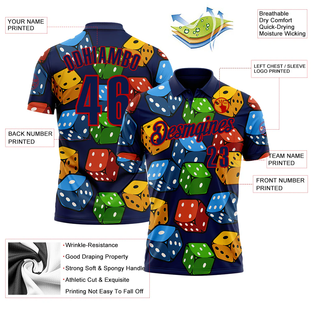 Custom Navy Red 3D Gambling Dice Performance Polo Shirt - Image 3