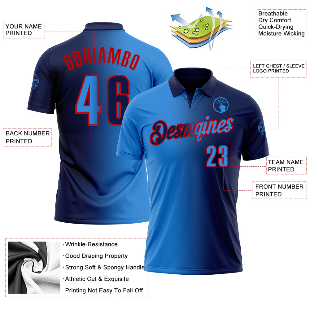 Custom Navy Powder Blue-Red 3D Gradient Fashion Performance Polo Shirt - Image 3