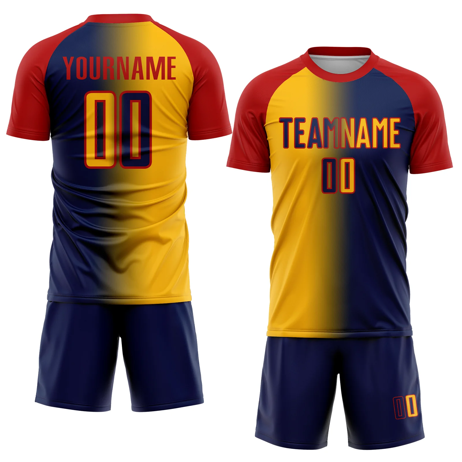 Custom Navy Gold-Red Sublimation Gradient Fashion Soccer Uniform Jersey - Image 2