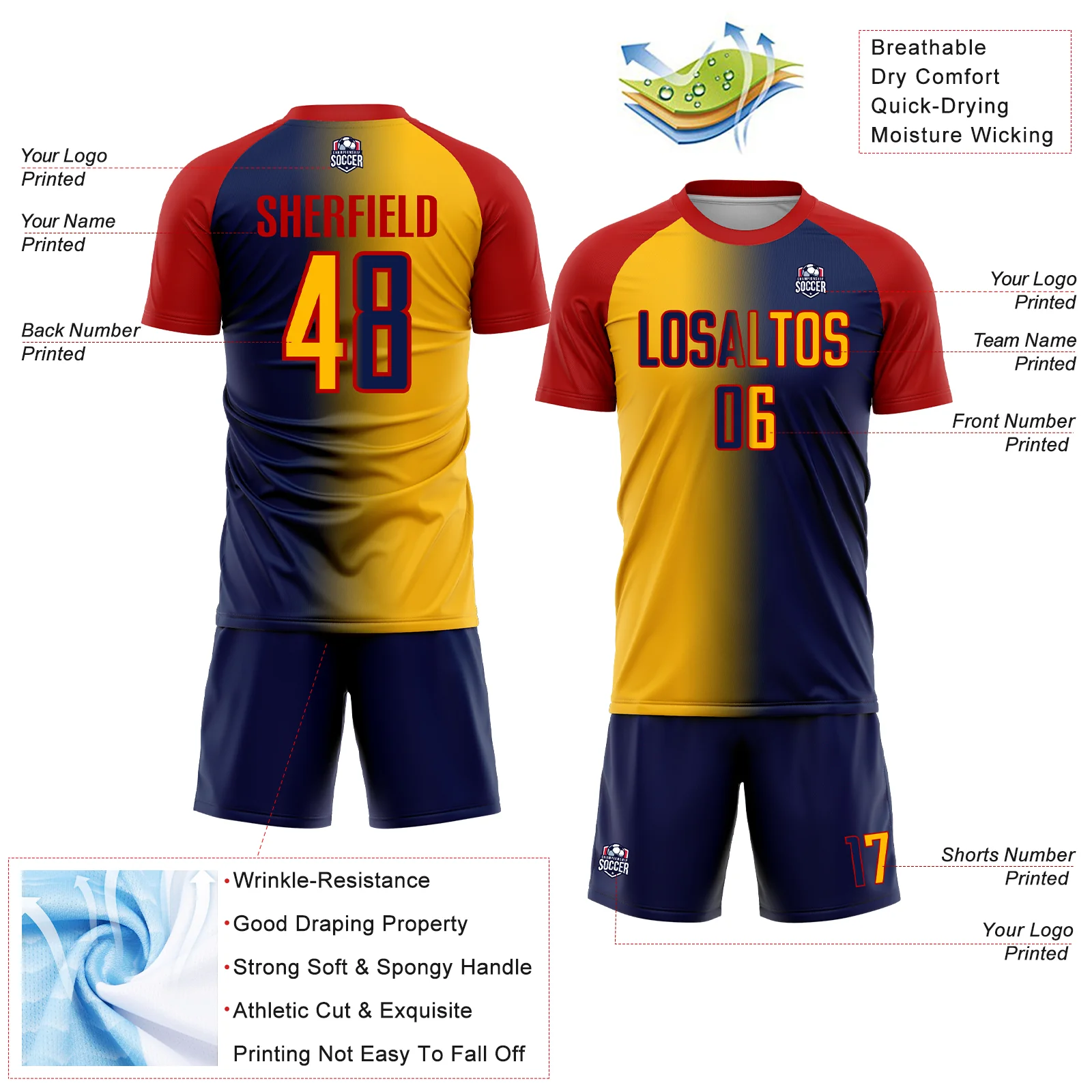 Custom Navy Gold-Red Sublimation Gradient Fashion Soccer Uniform Jersey - Image 4