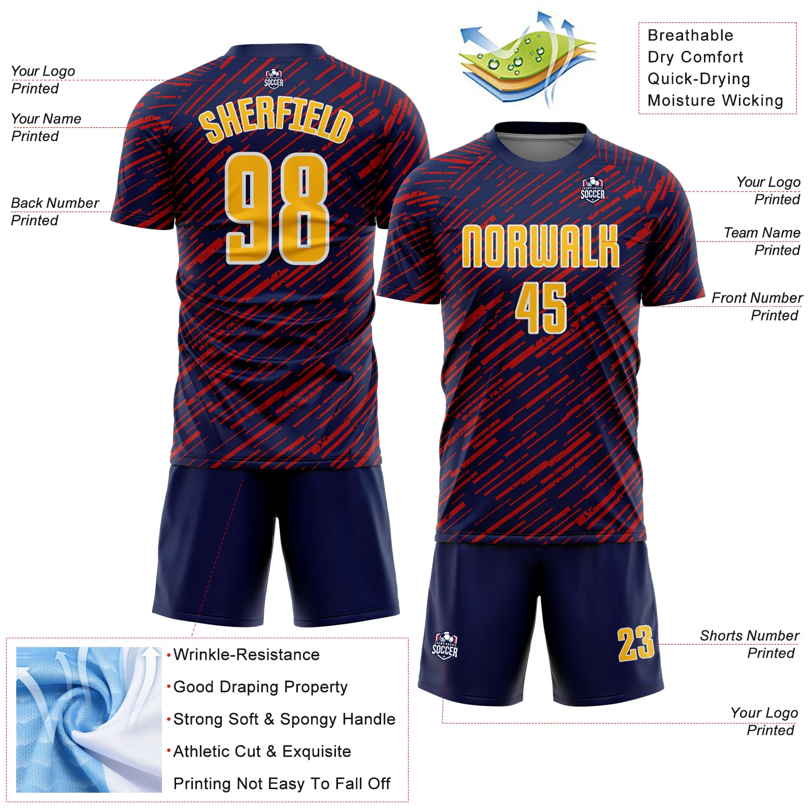 Custom Navy Gold Red-White Line Sports Sublimation Soccer Uniform Jersey - Image 4