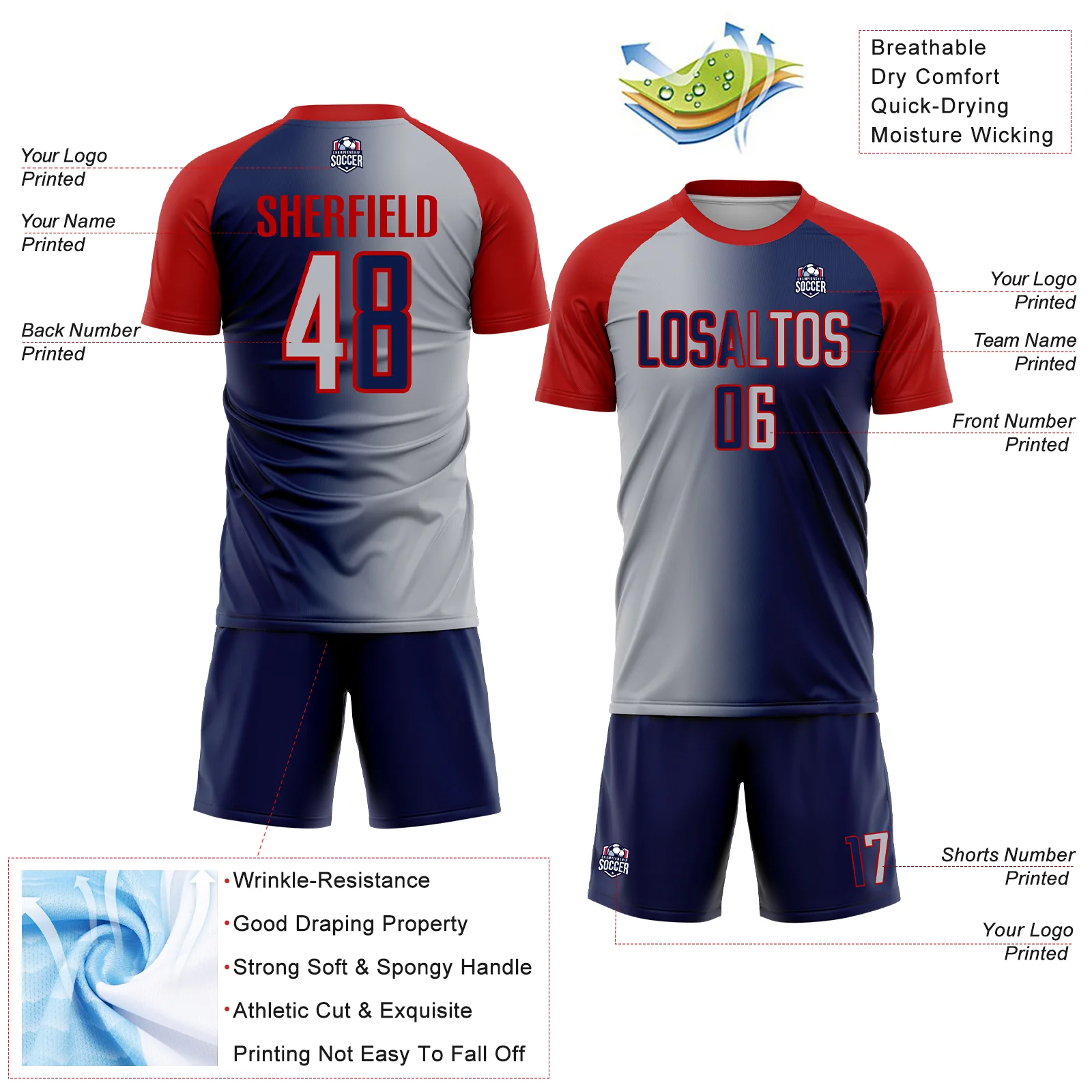 Custom Navy Gray-Red Sublimation Gradient Fashion Soccer Uniform Jersey - Image 4