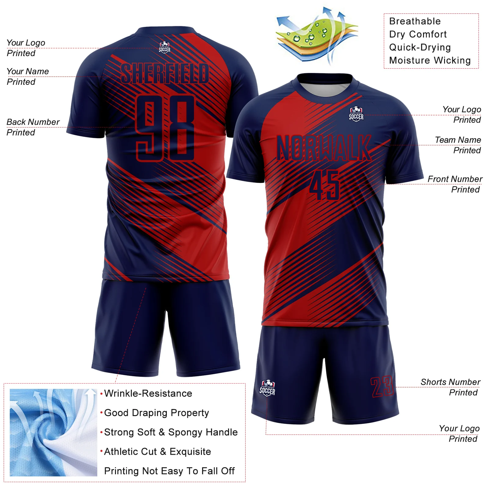 Custom Navy Red Line Sublimation Soccer Uniform Jersey - Image 4