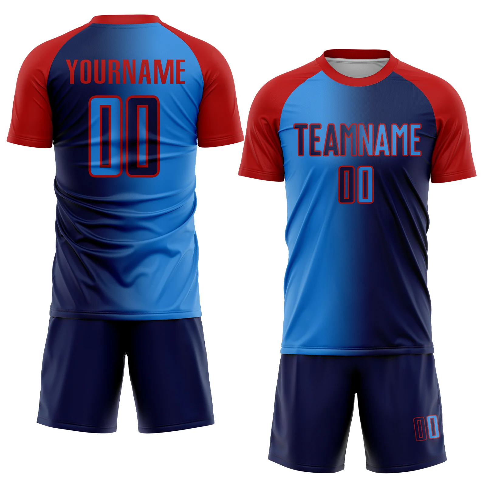 Custom Navy Powder Blue-Red Sublimation Gradient Fashion Soccer Uniform Jersey - Image 2