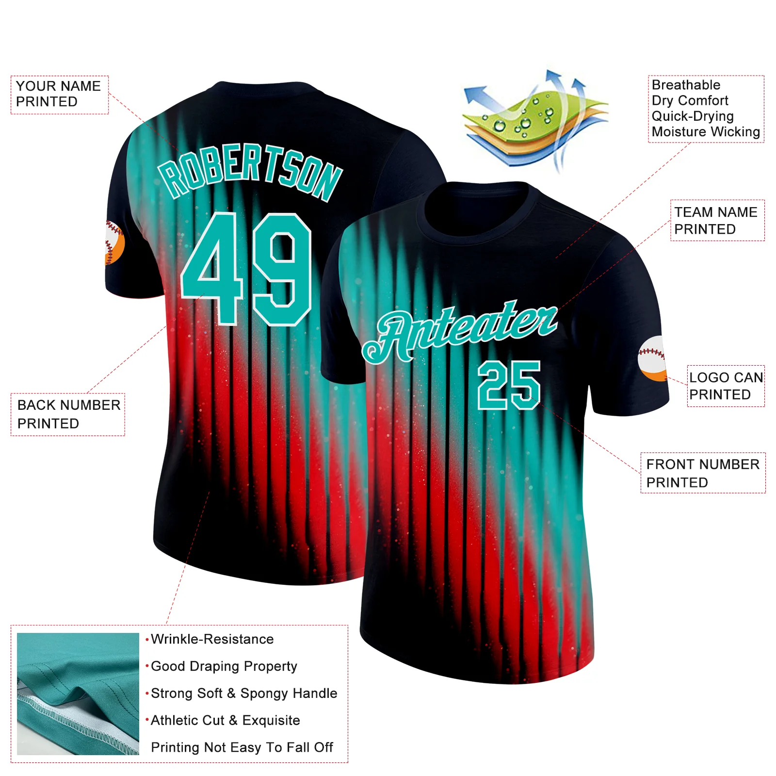 Custom Navy Aqua Red-White 3D Pattern Design Gradient Stripe Sportswear Performance T-Shirt - Image 2