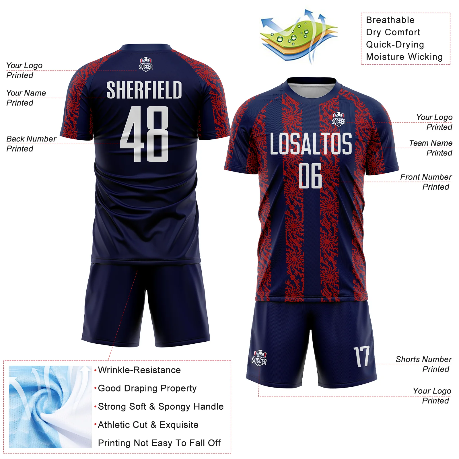 Custom Navy White-Red Abstract Shape Sublimation Soccer Uniform Jersey - Image 4