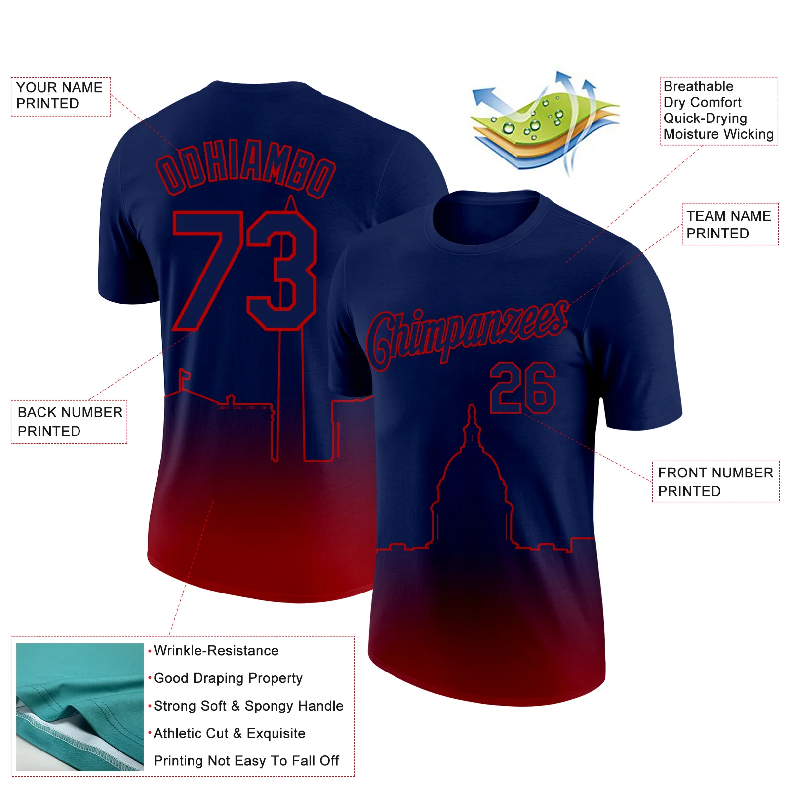 Custom Navy Red 3D Washington City Edition Fade Fashion Performance T-Shirt - Image 2