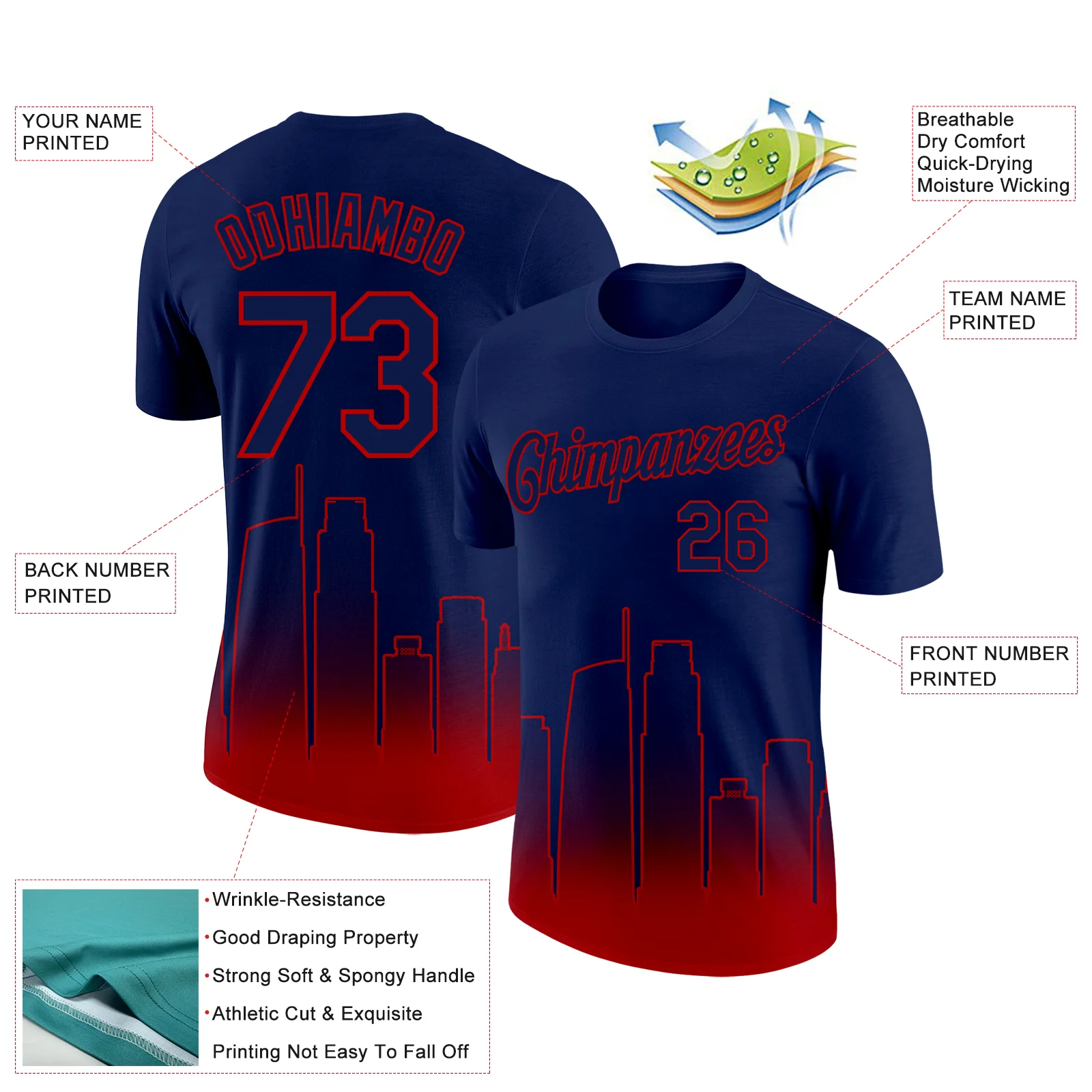 Custom Navy Red 3D Los Angeles City Edition Fade Fashion Performance T-Shirt - Image 2